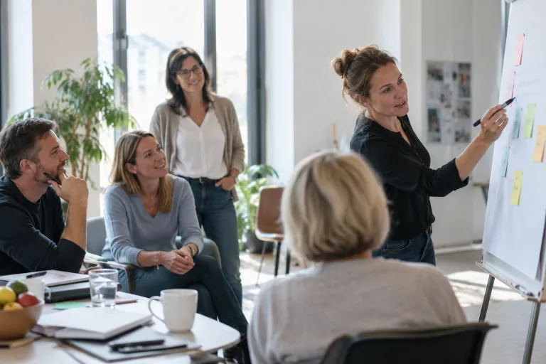 Trainerin begleitet eine Gruppe bei der Arbeit am Flipchart